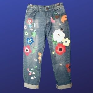 MISS LOOK Painted Boyfriend jeans, Dark Wash wMulticolor flowers, Size 6-8